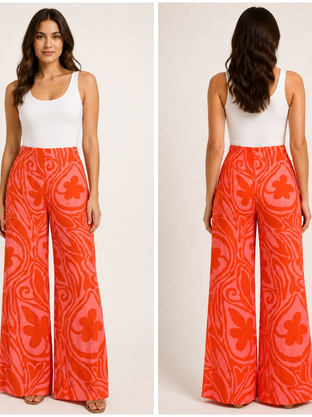 Trina Turk, Atoll Wide-Leg Floral Swirl Pants in Orange and Pink